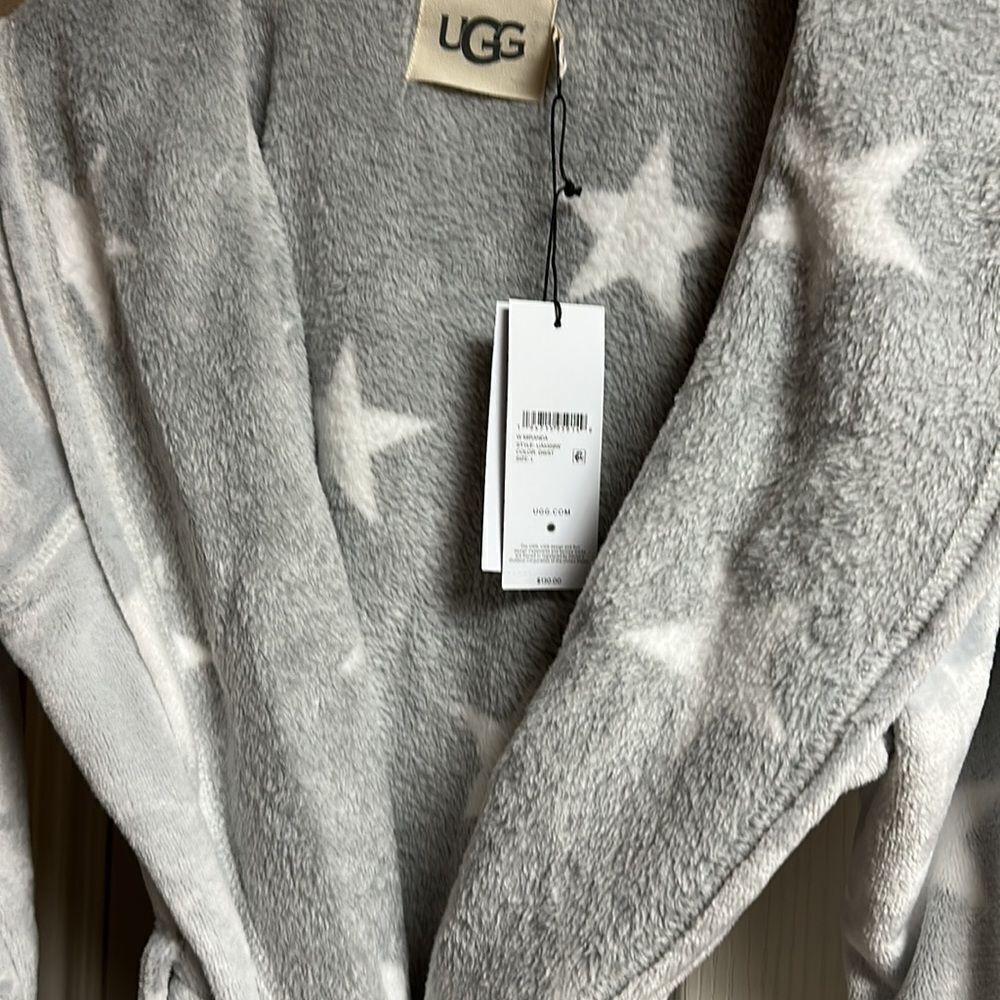 Ugg Grey/White Stars Cozy Fleece Miranda Cozy Fleece Hoodie Belted Wrap Robe NWT - Picture 11 of 17